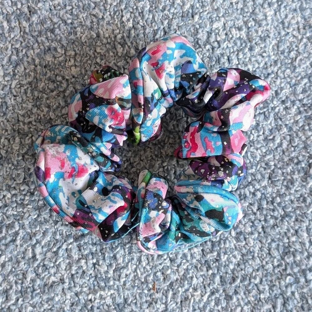 Vibrant Watercolor Multicolor Blue Pink Green Silver Abstract Scrunchie Hair Tie